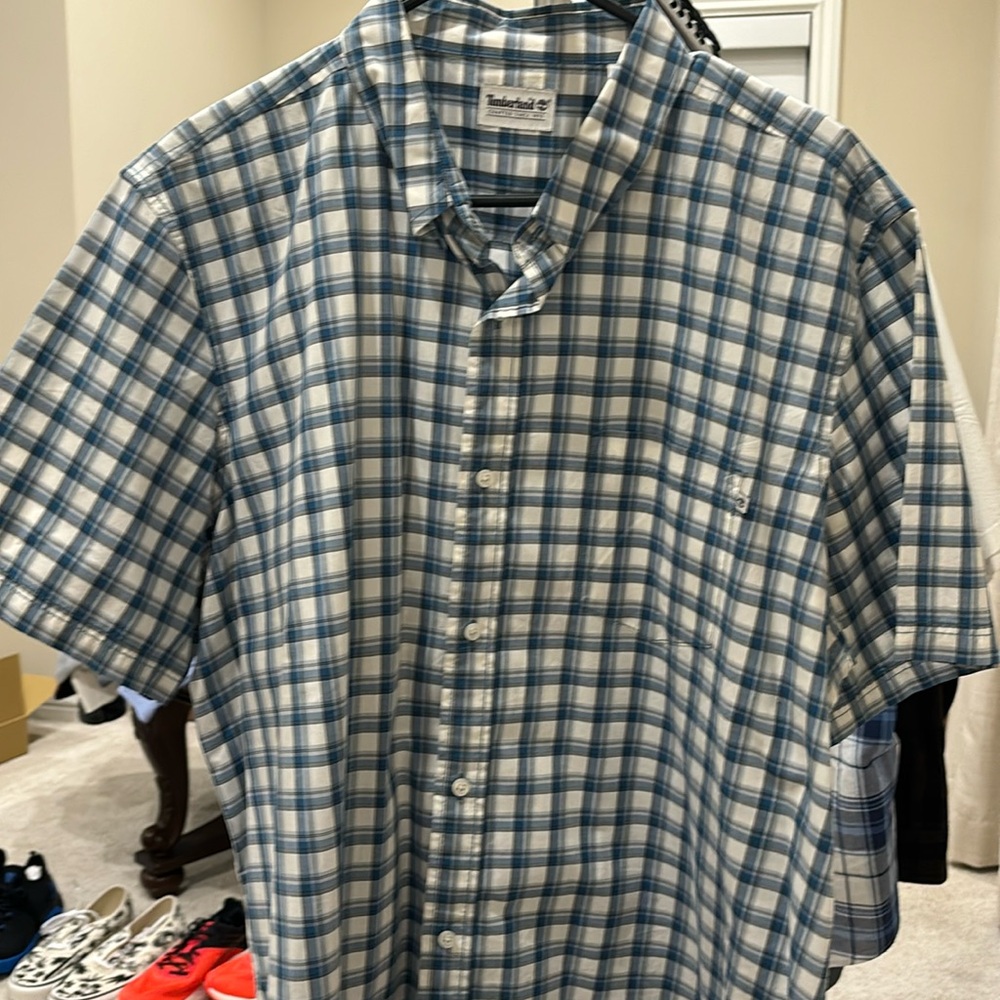 Timberland Short Sleeve Button Down Shirt, Blue, Green & White Plaid Size XXL